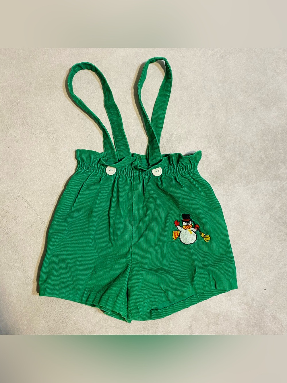Vintage Sears Toddler Size 3T Green Romper Shortall Suspenders Snowman Girls
